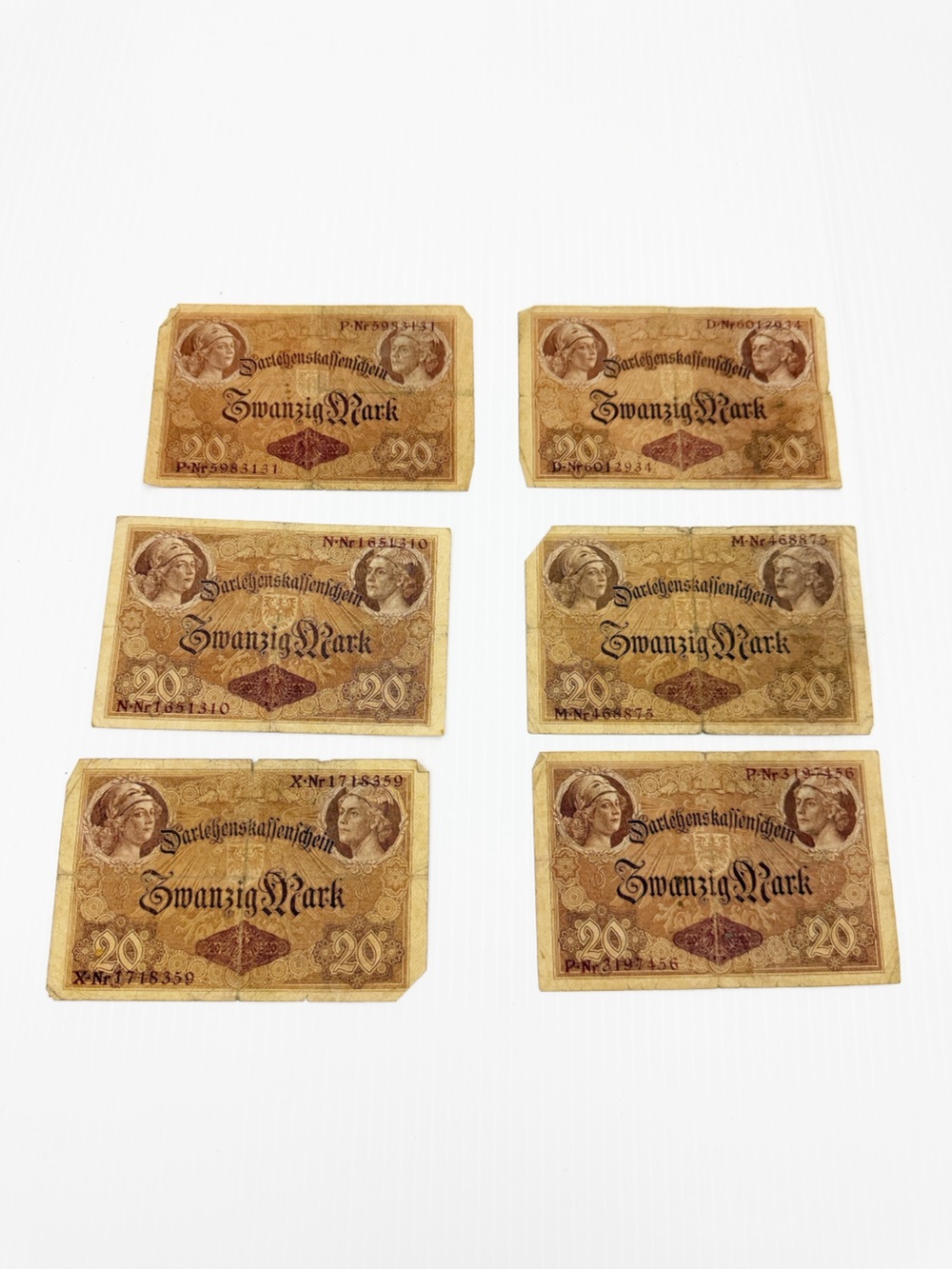 Set of 6 1914 Germany German Reichsbanknote 20 Marks Paper Money Bills